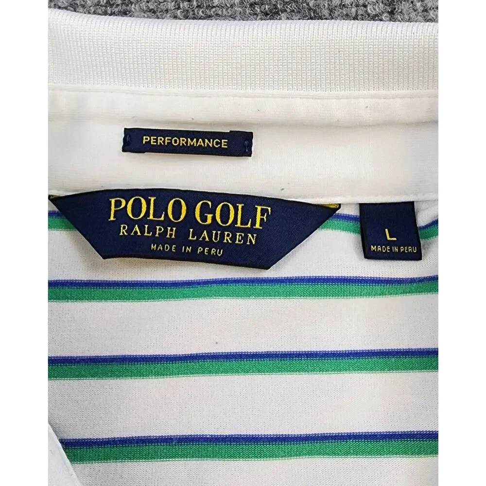 Ralph Lauren Polo Golf Shirt Mens Large White Green Striped Performance Golf